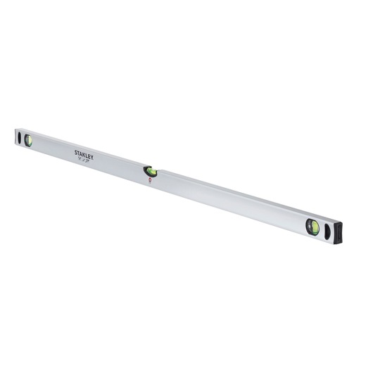 STANLEY STHT1-43114 spirit level, silver body, three vials, side angle, white background.