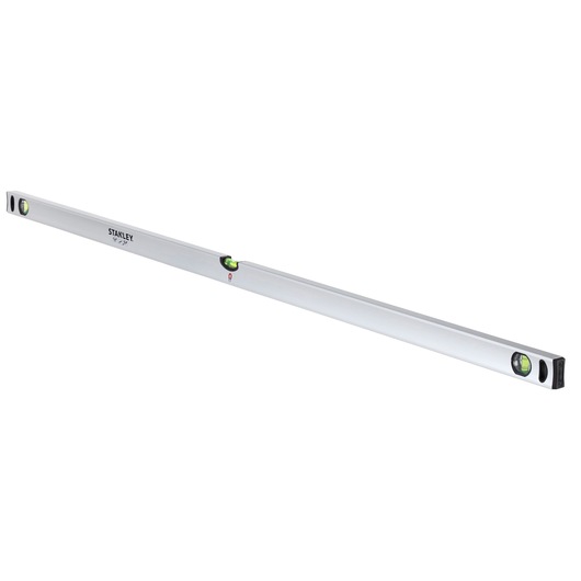Aluminium spirit level with three bubble vials, used for measuring horizontal or vertical alignment in construction.