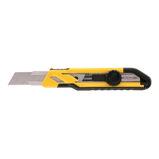 STANLEY STHT10268-0 yellow and black utility knife with segmented blade, side view on white background.