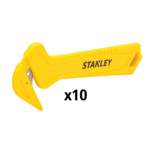 STANLEY STHT10355-1 yellow safety knife, pack of 10, side angle on white background.