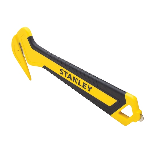 STANLEY STHT10356-0 utility safety cutter with yellow and black handle, side view, white background.