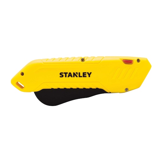 STANLEY STHT10368-0 safety utility knife, yellow and black, side view, on white background.