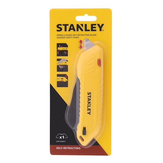 Stanley STHT10368-0 self-retracting safety knife, yellow, spring-loaded blade, front packaging photo.