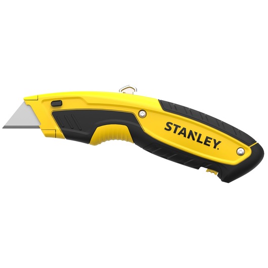 Photo of STANLEY STHT10479-0 yellow and black utility knife, side view, ergonomic grip, exposed blade.