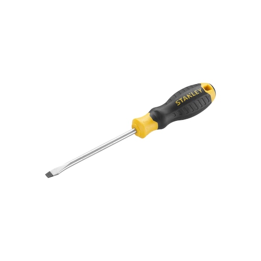 STANLEY STHT16146-0 flathead screwdriver, yellow and black handle, side angle, photography.