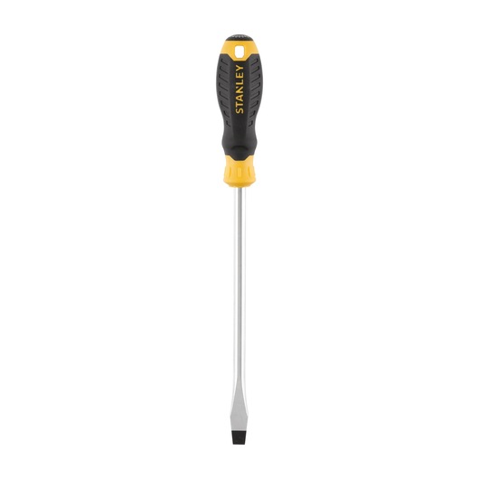 STANLEY STHT16150-0 flat head screwdriver, black and yellow handle, front angle, photography.