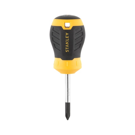 STANLEY STHT16154-0 stubby Phillips screwdriver with black and yellow handle, front view on white background.