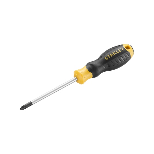 STANLEY STHT16163-0 Phillips screwdriver with black and yellow handle, side angle on white background.