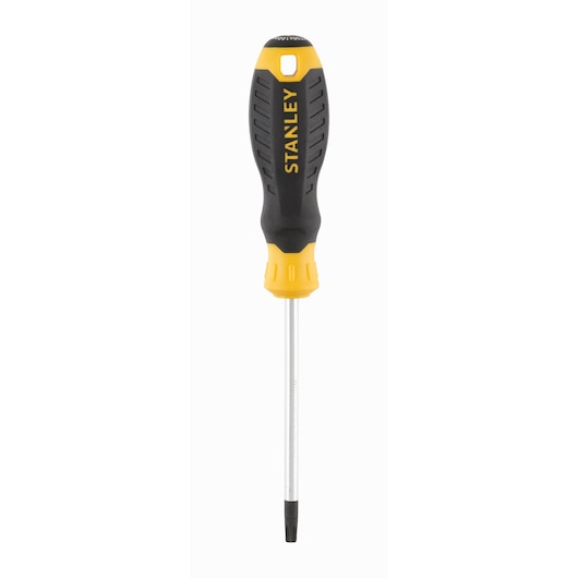 STANLEY STHT16182-0 screwdriver with black and yellow handle, front angle, white background.