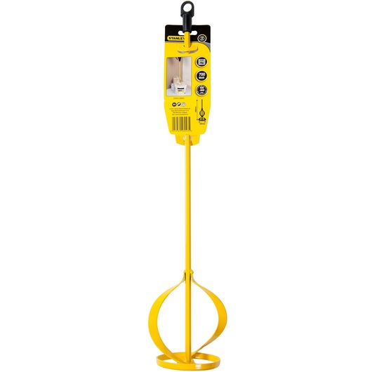 STANLEY STHT2-28043 paint mixer photographed front view, yellow metal tool with branded packaging.