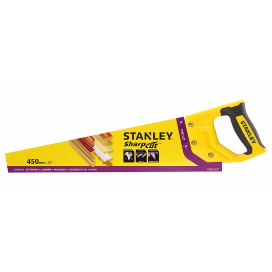 STANLEY STHT20370-1 hand saw, yellow and black handle, 450mm blade, side angle on white background.