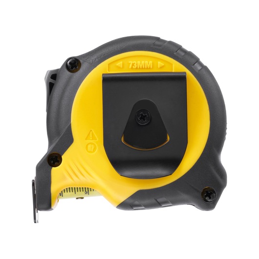 STANLEY STHT37231-0 tape measure, black and yellow, belt clip visible, product side angle, white background.