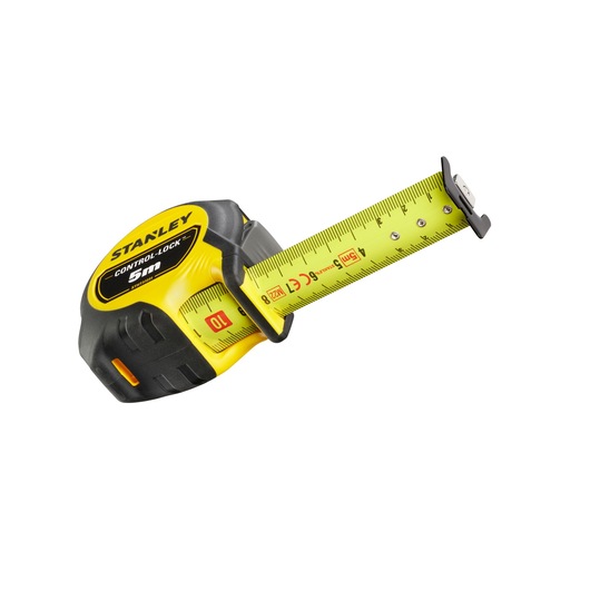 STANLEY STHT37231 tape measure, yellow and black, 5m Control-Lock model, angled product photo on white background.