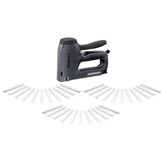 Photo of STANLEY STHT72674-9 aluminum staple gun with ergonomic handle and assorted staples, front angle on white background.