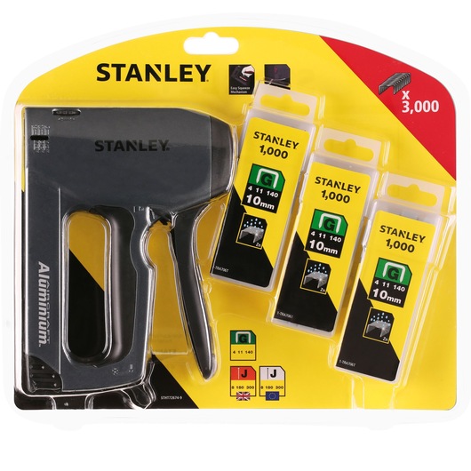 STANLEY STHT72674-9 aluminium staple gun photography, three 10mm staple packs, front packaging view.