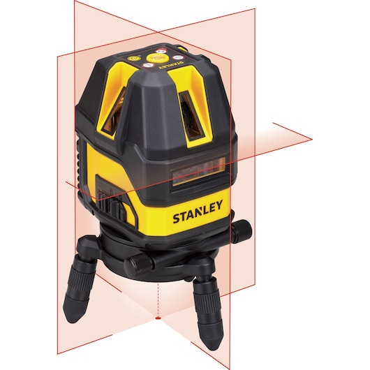 Photo of STANLEY STHT77514-1 laser level with tripod, black and yellow, front angle view.
