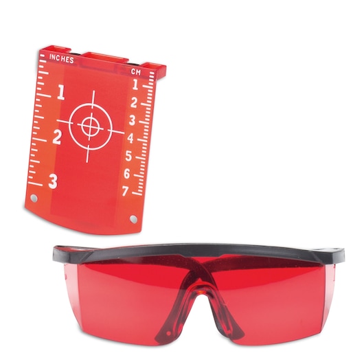 STANLEY STHT77514-1 laser target card and red tinted safety glasses, front angle, on white background.