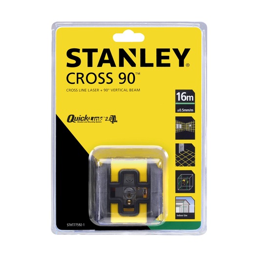STANLEY STHT77592-1 cross line laser level in retail packaging, yellow and black, shown from front angle.