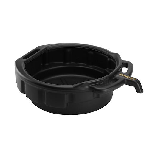 STANLEY STHT80878-1 black plastic oil drain pan, top angle photo.