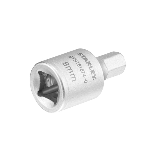 STANLEY STHT81574-0 8mm silver nut driver socket, side angle on white background.