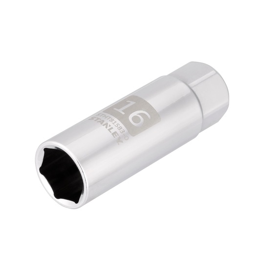 Photo of STANLEY STHT81583-0 chrome-finish socket, 16mm size, angled on white background, tool accessory.