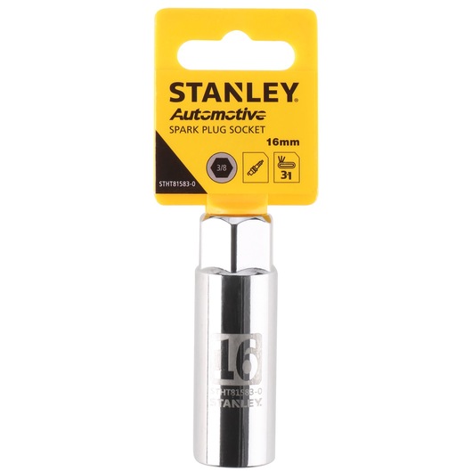 STANLEY STHT81583-0 spark plug socket, 16mm, chrome finish, front angle on white background.