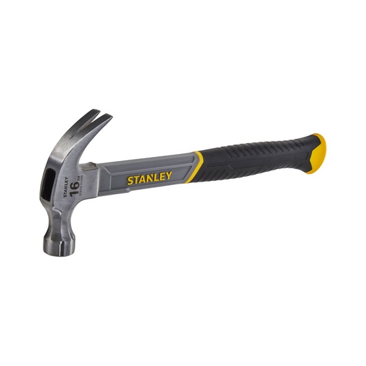 Stanley claw hammer with black and yellow handle, 16 oz, suitable for carpentry and general use.