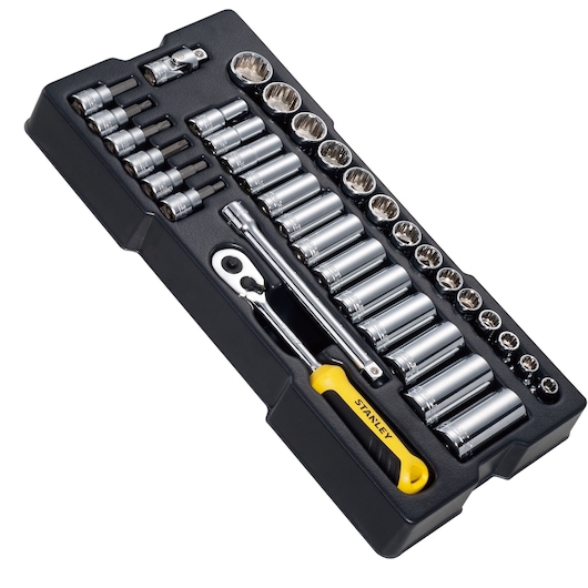 STANLEY STMT1-74174 socket set with ratchet, yellow handle, chrome sockets in black tray, top angle.