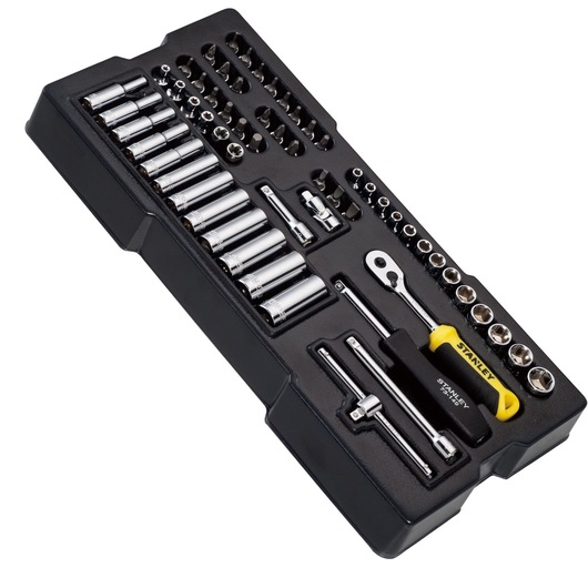 STANLEY STMT1-74175 socket set with ratchet and screwdriver in black tray, angled view.