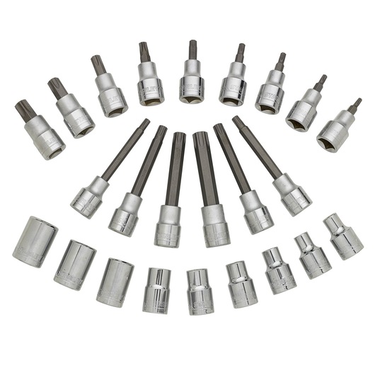 STANLEY STMT1-74176 socket and bit set arranged in a semi-circle, silver finish, top-view photo.