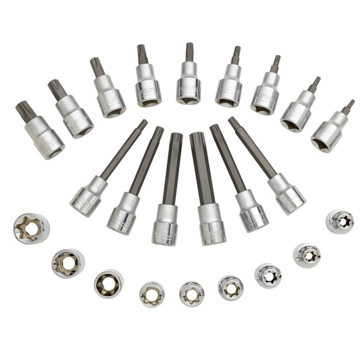 Stanley set of assorted Torx sockets and bits displayed in a semicircle on a white background.