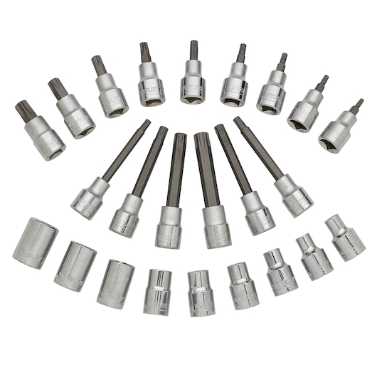 STANLEY STMT1-74176 socket bit set arranged in a semicircle, silver chrome finish, studio angle.