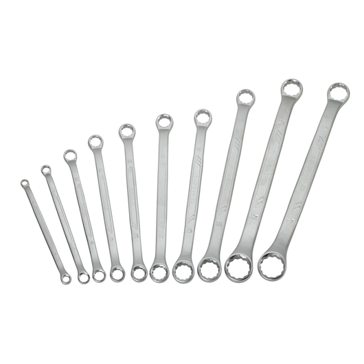 STANLEY STMT1-74177 combination wrench set, 10-piece, silver metal tools arranged in size order, top view.