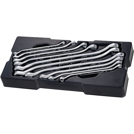 STANLEY STMT1-74177 wrench set in black tray, angled view, polished chrome finish, tool set photography.