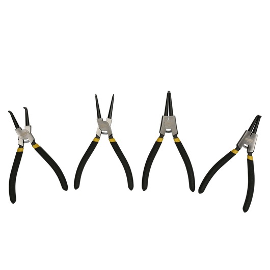 Set of four Stanley circlip pliers with black handles, arranged in a row on a white background.