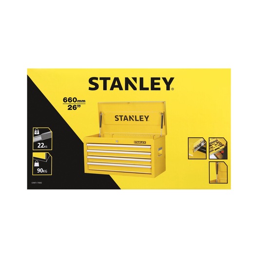 STANLEY STMT1-75062 yellow metal toolbox chest with four drawers, lid open, front angle on white background.