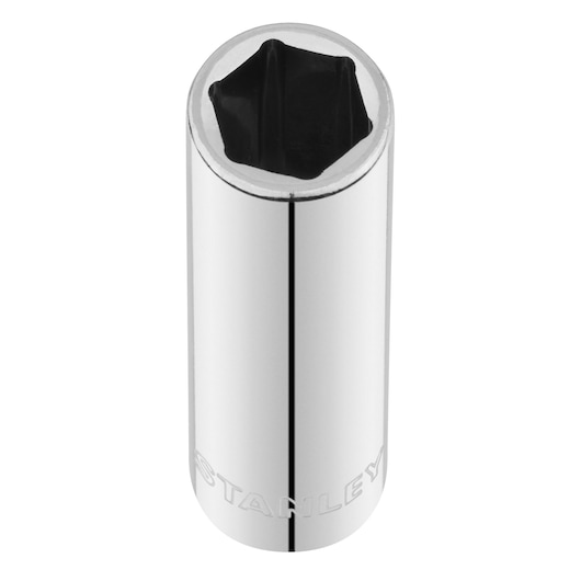 STANLEY STMT86098-0 chrome socket tool, vertical angle, embossed logo, white background.