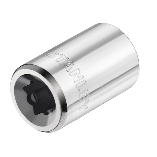 STANLEY STMT86108-0 chrome socket, cylindrical hand tool, angled view, embossed brand name, white background.