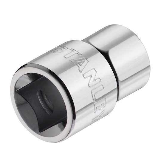 STANLEY STMT86305-0 chrome socket adapter, tool accessory, front angle on white background.