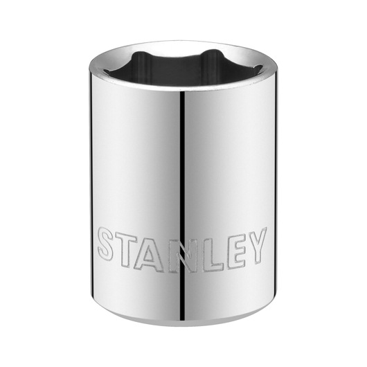 STANLEY STMT86309-0 chrome socket, cylindrical shape, engraved logo, front angle on white background.