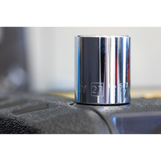 STANLEY STMT86317-0 chrome socket, 27mm size, close-up on textured surface, Photography product