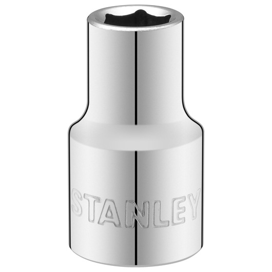 Photo of STANLEY STMT86510-0 chrome socket, embossed logo, tool photography, front angle on white background.