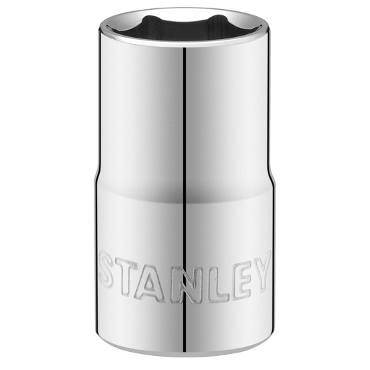 Photo of STANLEY STMT86515-0 chrome socket, cylindrical shape, engraved brand, product photography, front angle.