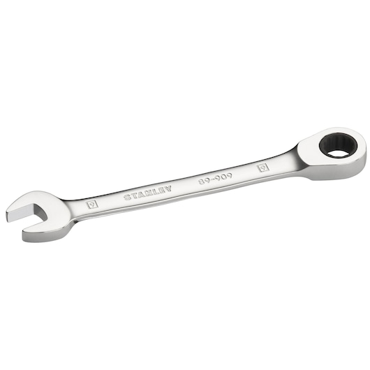 STANLEY STMT89909-0 chrome combination wrench, angled, open end and ring, white background.