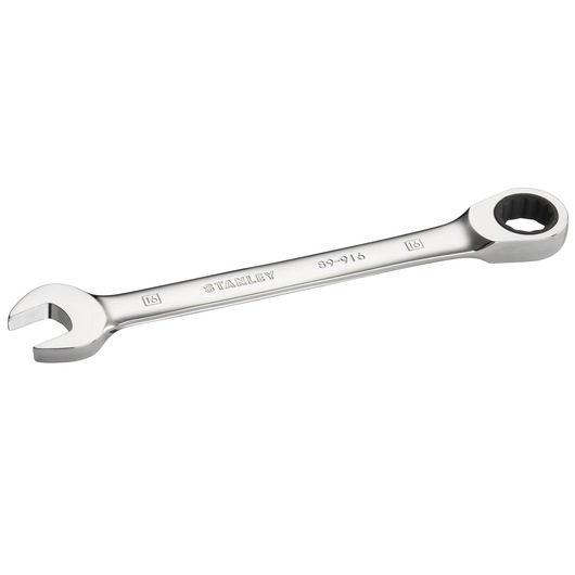 Photo of STANLEY STMT89916-0 combination wrench, chrome finish, with open and box end, product angle on white background.