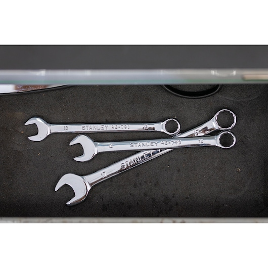 Photo of STANLEY STMT95910-0 combination wrenches in drawer, metallic finish, photography category.