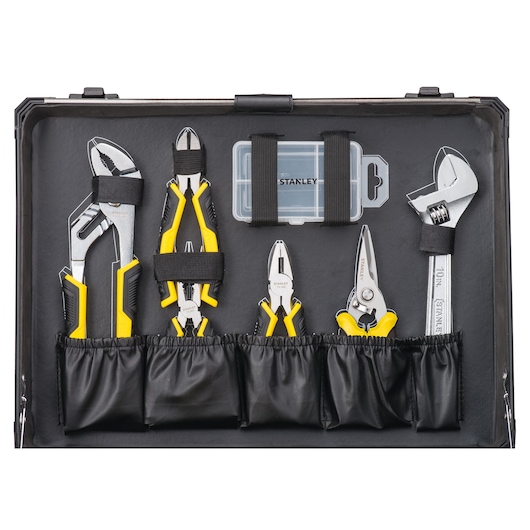 STANLEY STMT98109-1 tool set with pliers, wrench, and case, top view on white background.