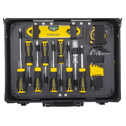 STANLEY STMT98109-1 tool set with screwdrivers, level, measuring tape, and hex keys in a black case, top view.