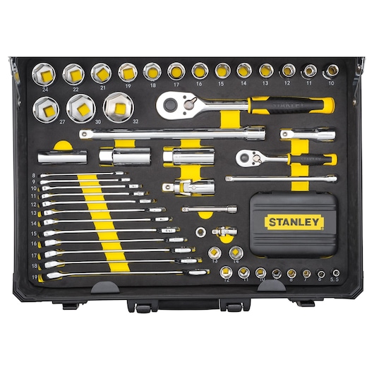 STANLEY STMT98109-1 socket and wrench set with ratchets, sockets, extensions, and accessories in organized case, top view.