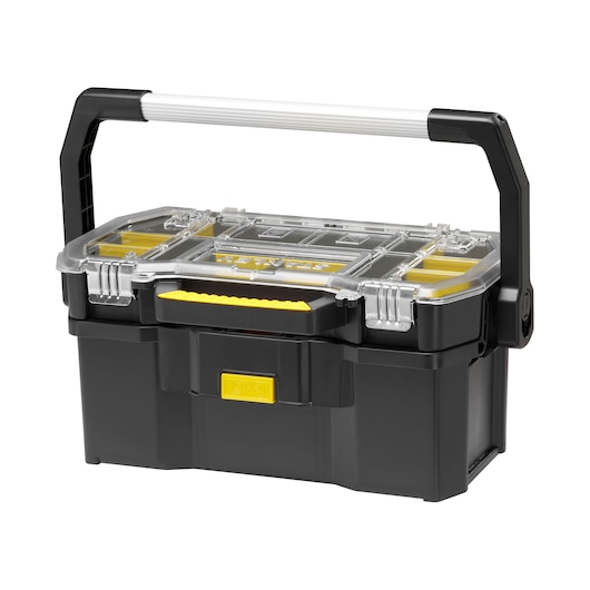 Black Stanley toolbox with clear lid, yellow latches, and sturdy handle for easy carrying and organizing tools.